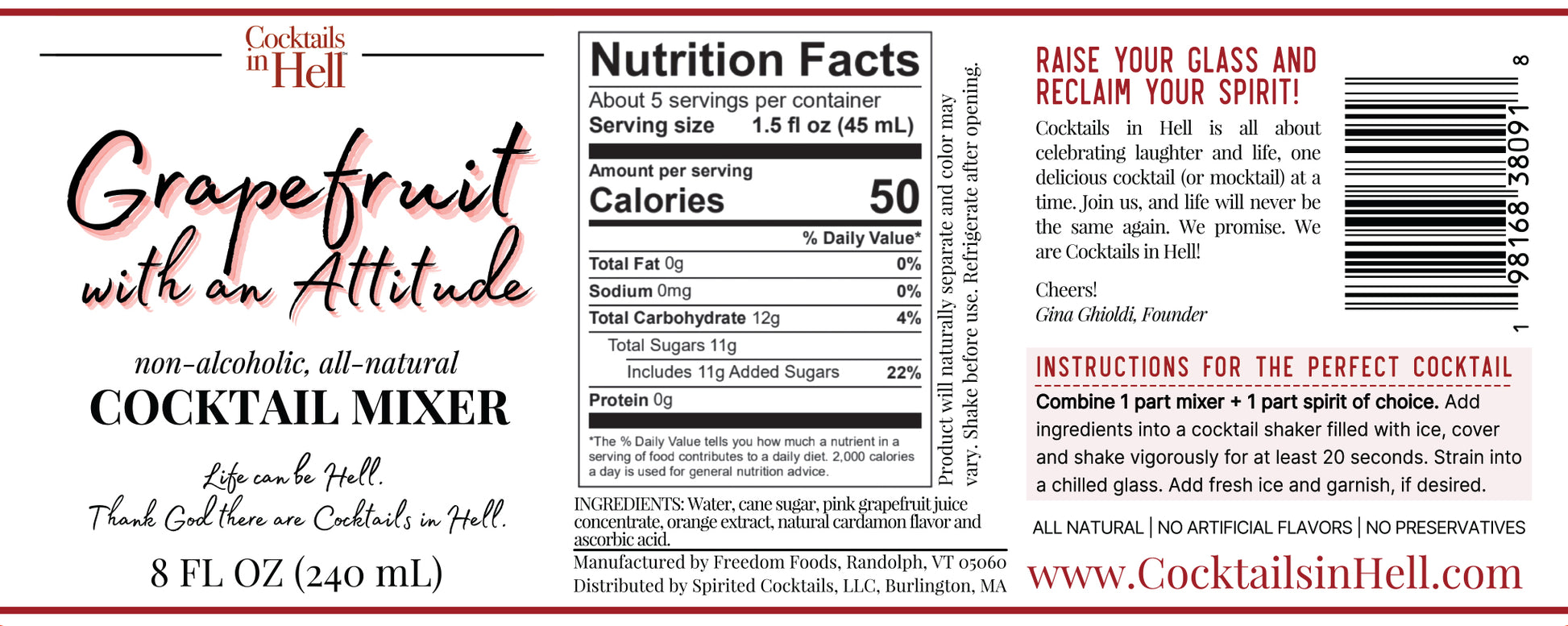 Cocktails in Hell Grapefruit with an Attitude Cocktail Mixer Nutrition Label