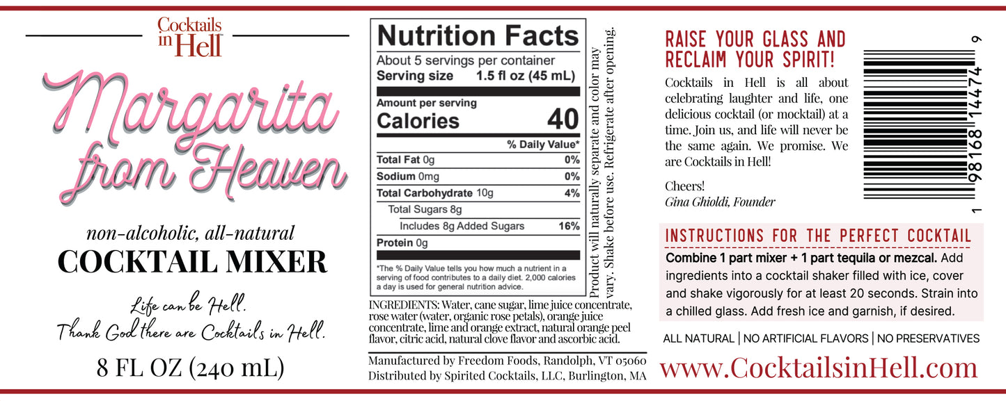 Cocktails in Hell Margarita from heaven cocktail mixer nutrition label