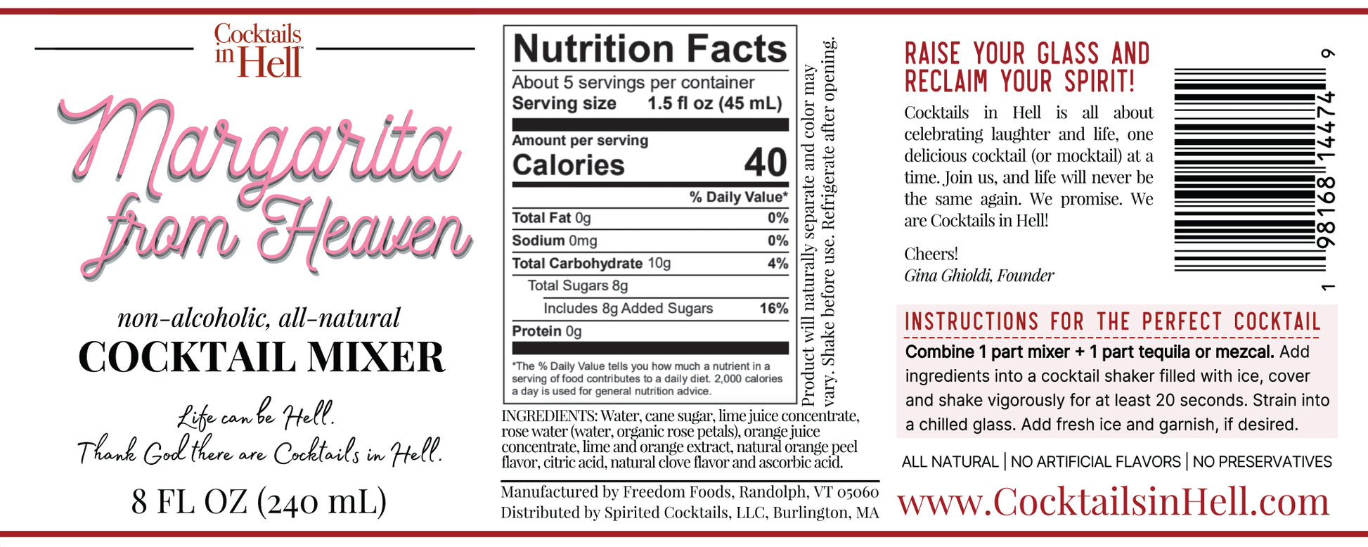 Cocktails in Hell Margarita from heaven cocktail mixer nutrition label