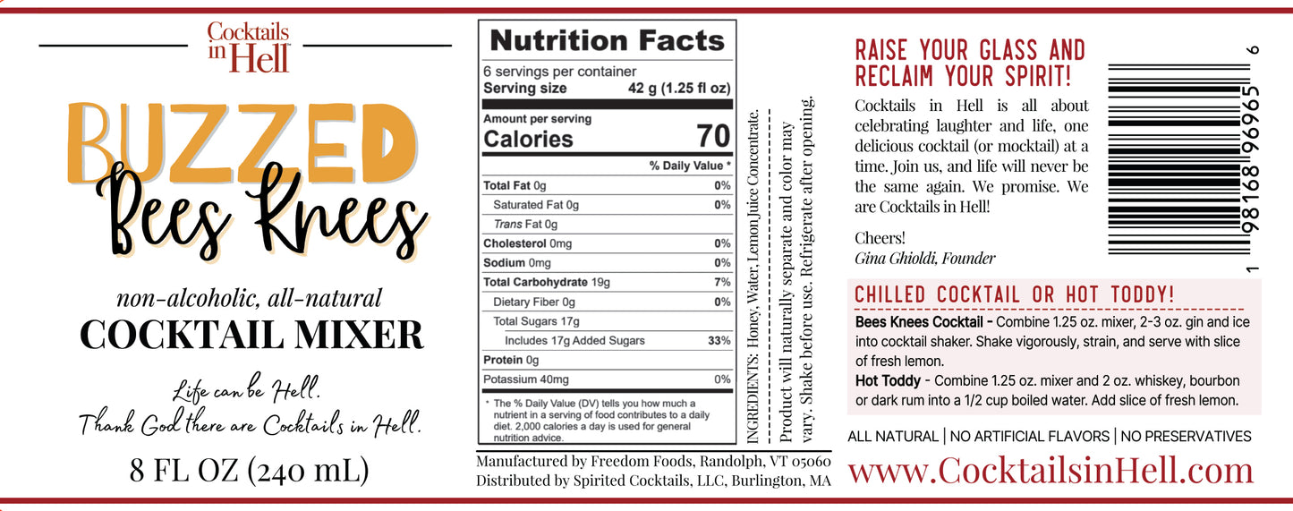 Cocktails In Hell Buzzed Bees Knees Cocktail Mixer Nutrition Label