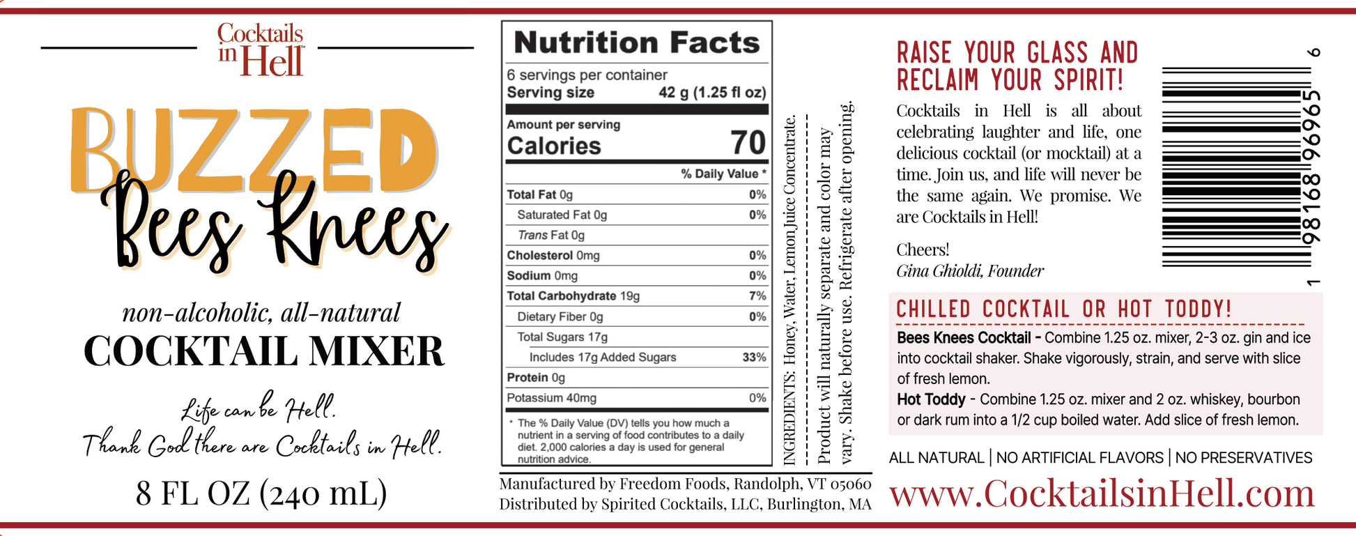 Cocktails In Hell Buzzed Bees Knees Cocktail Mixer Nutrition Label