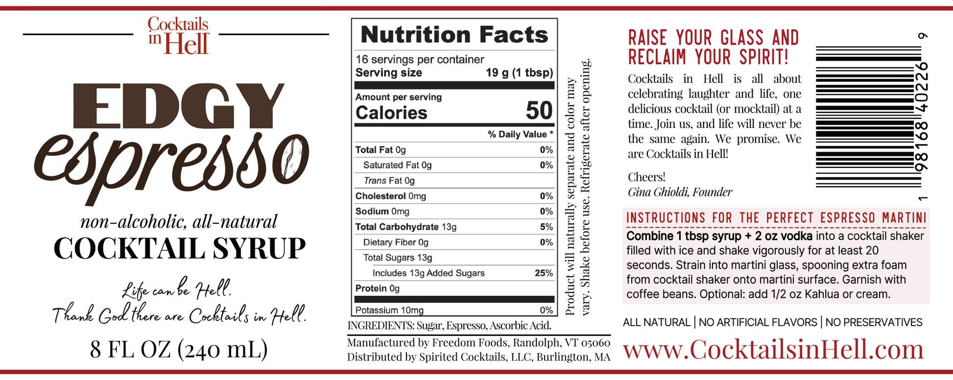 Cocktails In Hell Edgy Espresso Cocktail Mixer Nutrition Label